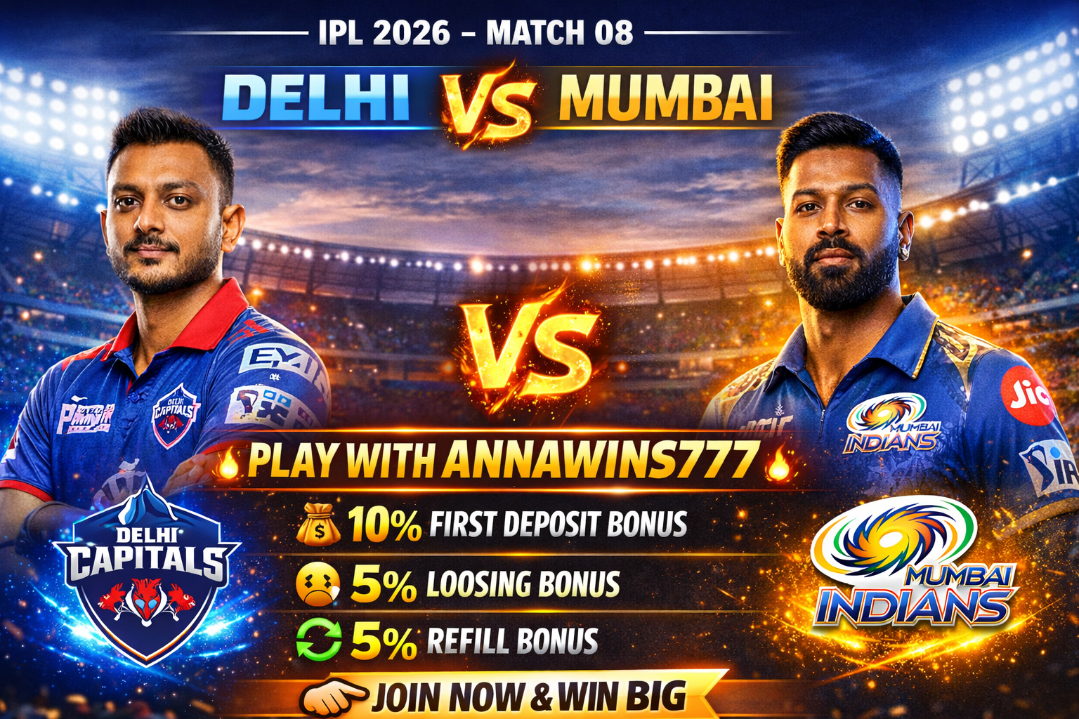IPL 2026 Match No 08:- Mumbai Indians VS Delhi Capitals