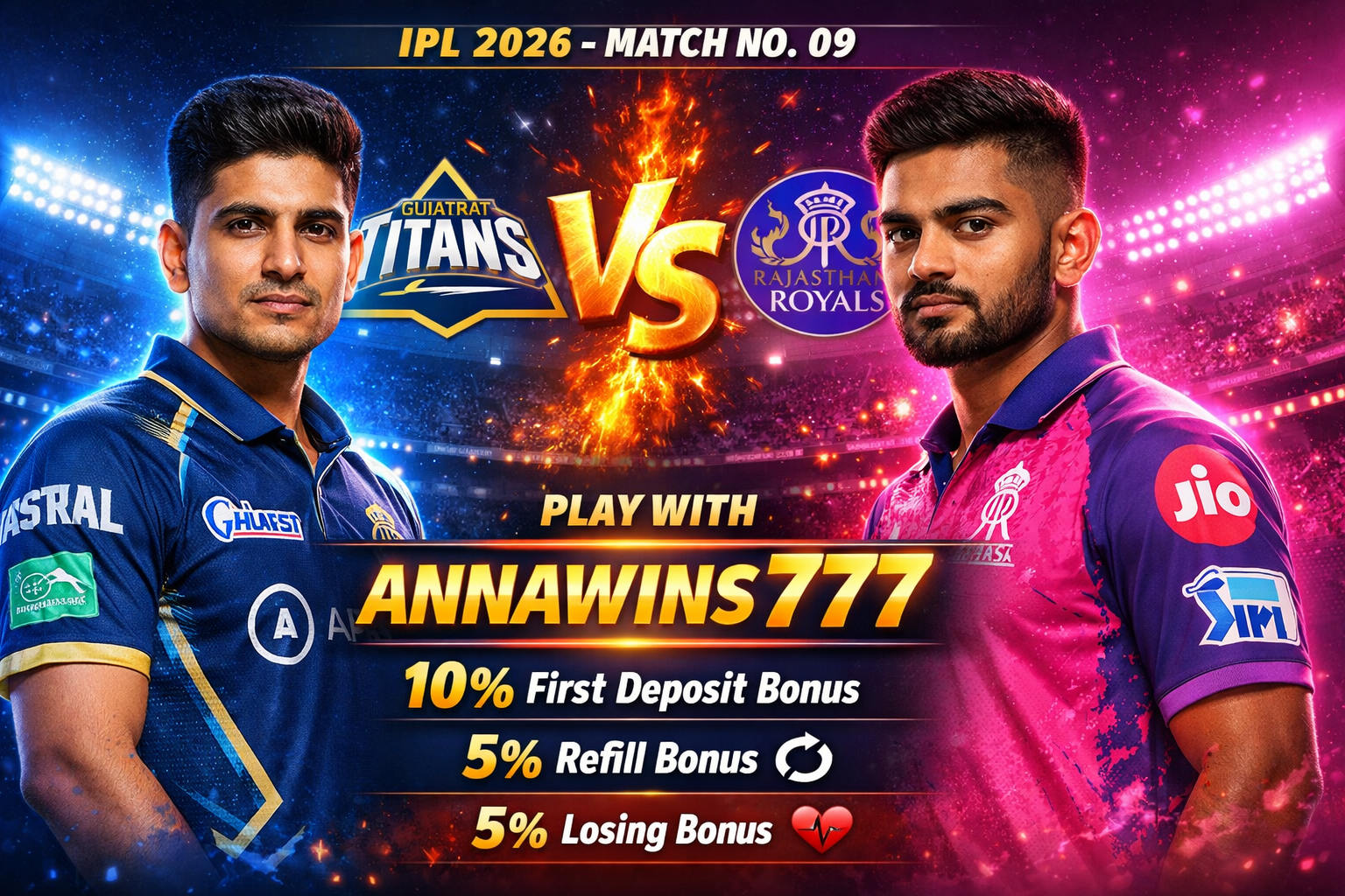 IPL 2026 Match No.09:- Gujarat Titans VS Rajasthan Royals