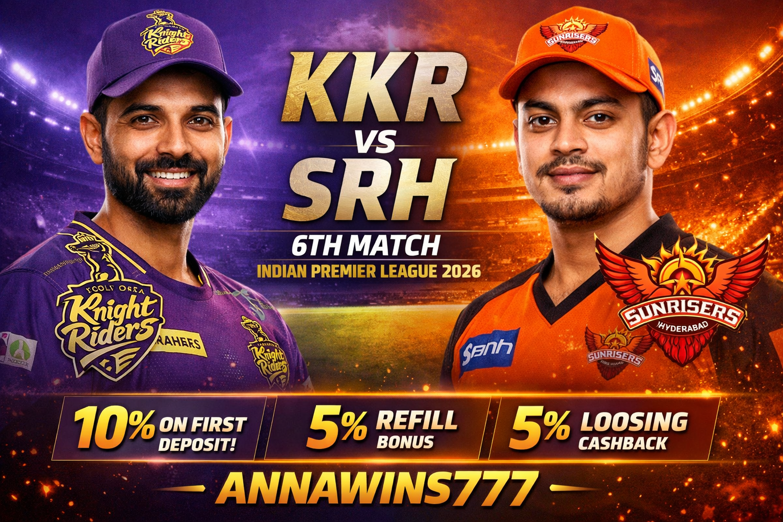 IPL 2026, Match No 06 :- Kolkata Knight Riders VS Sunrisers Hyderabad